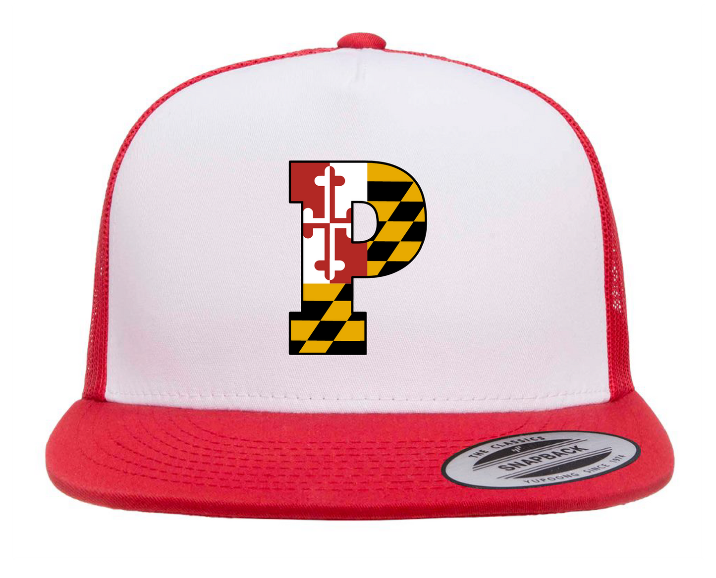 WHITE / RED Flat bill Trucker Embroidered P!