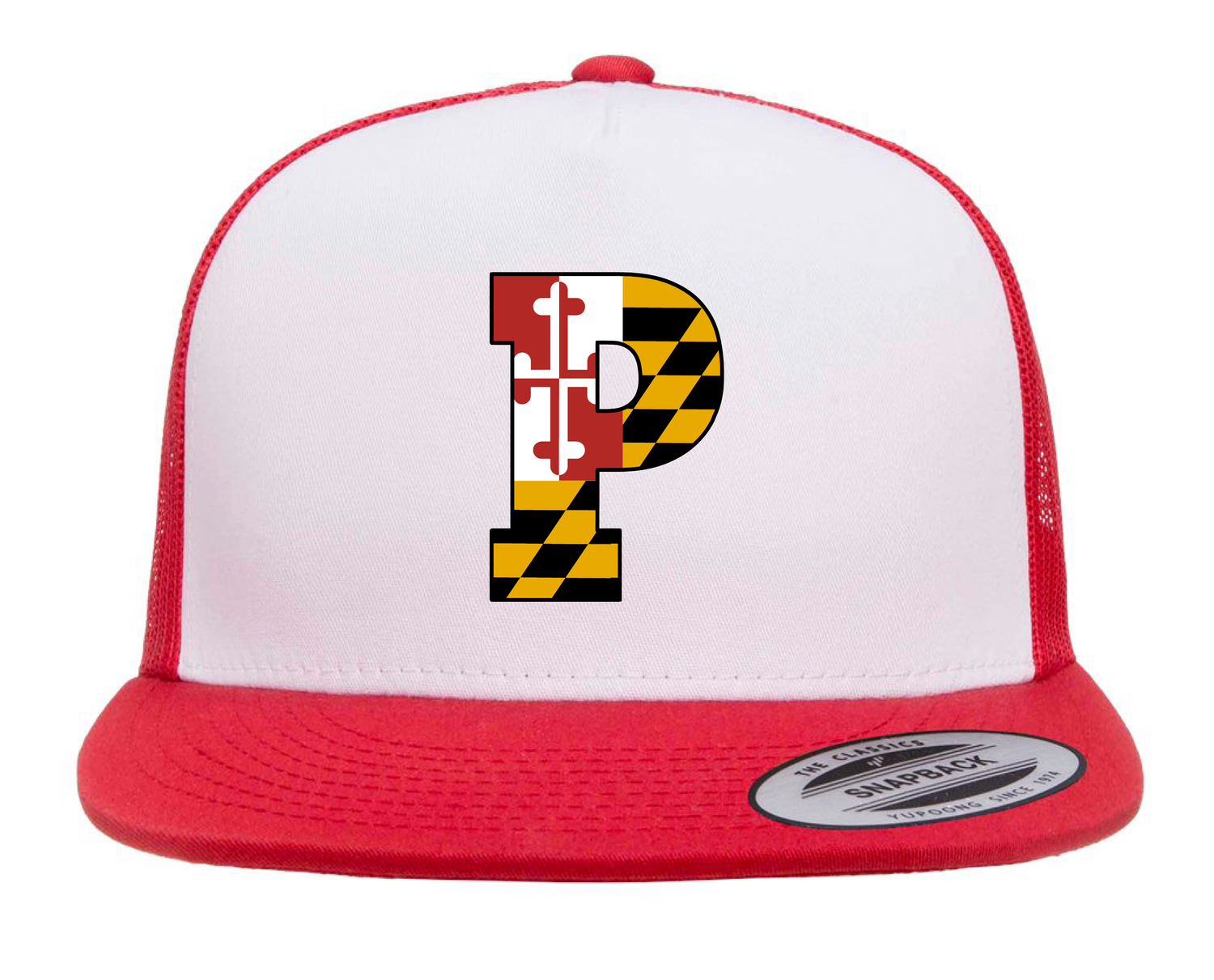 WHITE / RED Flat bill Trucker Embroidered P!
