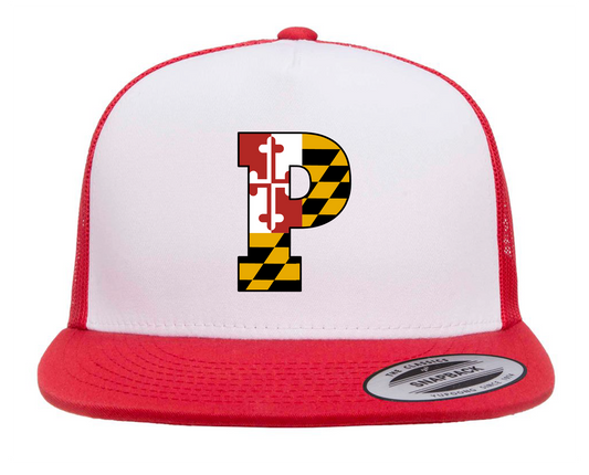 WHITE / RED Flat bill Trucker Embroidered P!